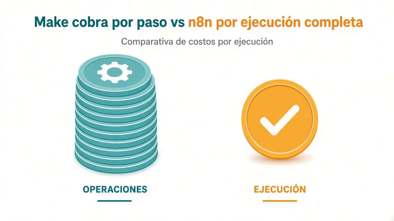 Make cobra por operaciones; n8n por ejecución completa