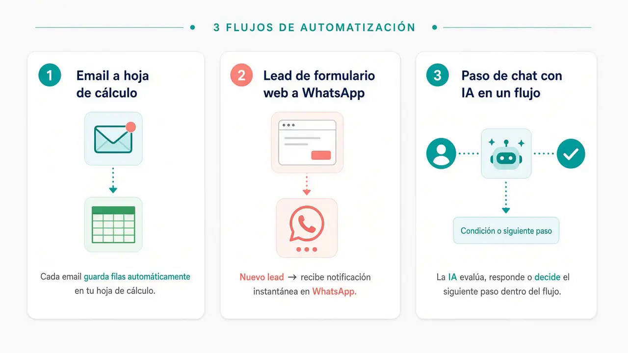 Tres flujos: email a hoja, lead a WhatsApp, IA en el flujo