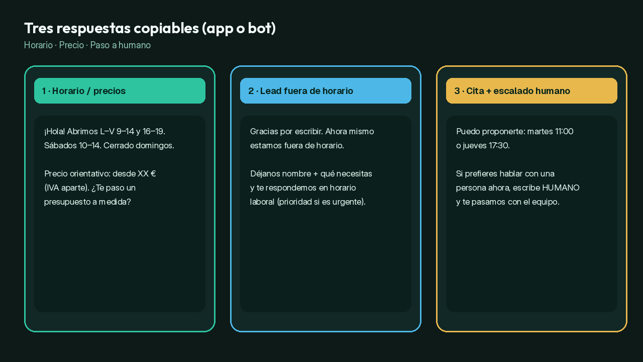 Mock de tres respuestas: horario, fuera de horario, cita + humano